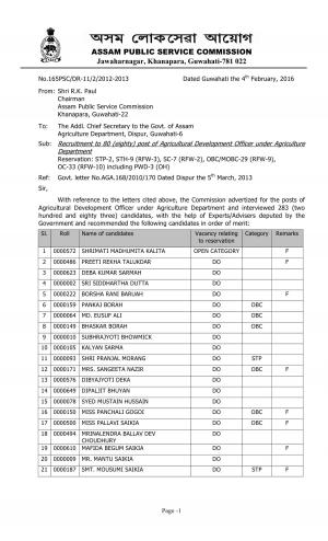 APSC Declared Result for Agricultural Development Officer Post 2015-16