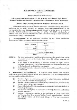 OPSC, Cuttack Recruitment 2016 for 04 Assistant Architect Posts