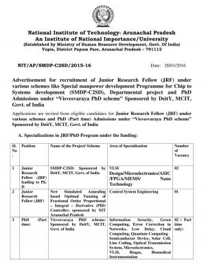 NIT, Arunachal Pradesh Recruitment 2016 for 05 JRF Post