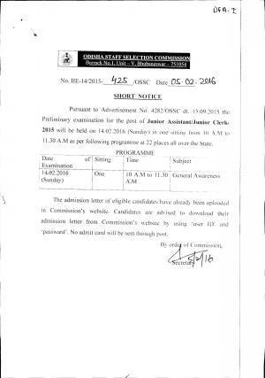 OSSC Declared Prelim Written Exam Schedule for Junior Assistant/ Junior Clerk Posts 2016
