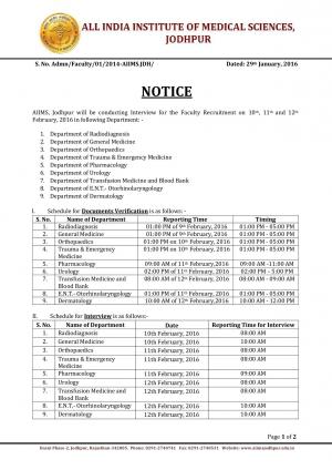 AIIMS, Jodhpur Issued Interview and Document Verification Schedule for Faculty Post 2016