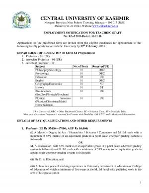 Central University of Kashmir Recruitment 2016 for 12 Faculty Posts