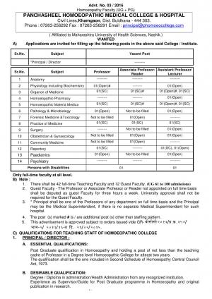 Panchsheel Homoeopathic Medical College & Hospital Recruitment 2016 for 25 Faculty Posts 