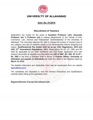 University of Allahabad Recruitment 2016 for 290 Faculty Posts 