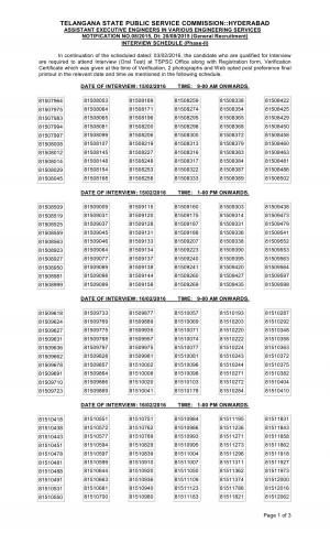 TSPSC Declared Interview Schedule (Phase II) for Assistant Exe. Engineers Post 2016
