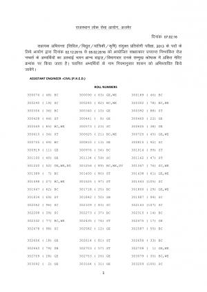 RPSC Declared Interview Result for Assistant Engineer Post 2016
