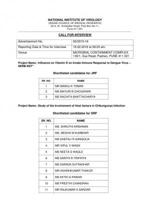 NIV Announced Interview Schedule for JRF, SRF & RA Posts 2016