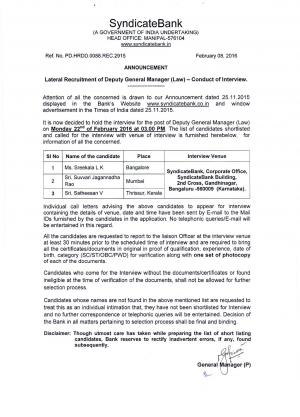 Syndicate Bank Declared Interview List & Schedule for Deputy General Manager (Law) Post 2016