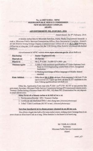 Mizoram PSC Recruitment 2016 for Junior Engineer (Civil) Post