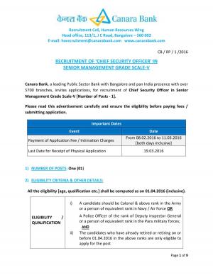 Canara Bank Recruitment 2016 for 01 Chief Security Officer Posts