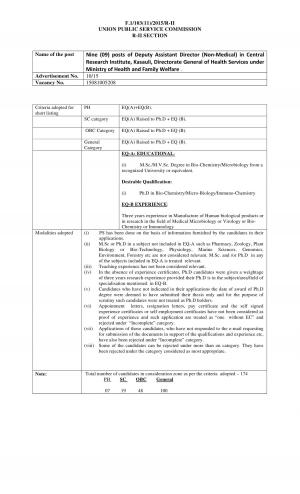 UPSC Declared Selection Criteria List for Deputy Assistant Director (Non‐Medical) Posts 2016