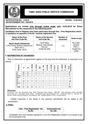 TNPSC Recruitment 2016 for 172 Block Health Statistician Posts
