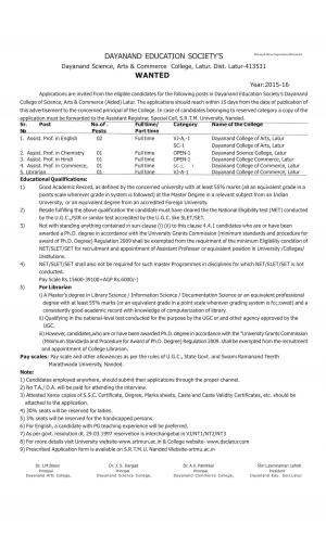 Dayanand Education Society Recruitment 2016 for 06 Assistant Professor & Librarian Post