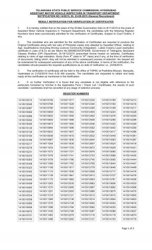TSPSC Declared Document Verification Schedule for Assistant MVI Post 2016