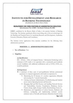 IDRBT Recruitment 2016 for 02 Administrative Executive Posts