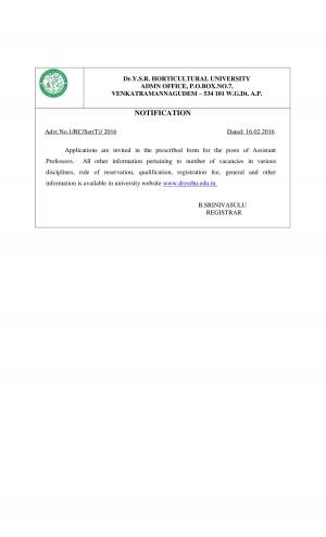 Dr YSR Horticultural University Recruitment 2016 for 35 Assistant Professor Posts
