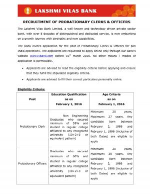 Lakshmi Vilas Bank Recruitment 2016 for Probationary Clerk & Officer Posts