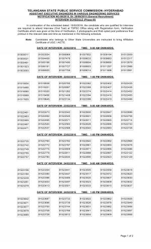 TSPSC Declared Interview Schedule (Phase III) for Assistant Exe. Engineers Post 2016