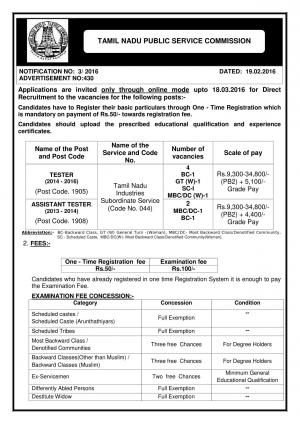 TNPSC Recruitment 2016 for 06 Tester & Asst Tester Posts