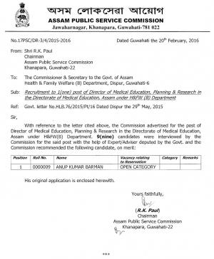 APSC Declared Result for Director (Medical Education, Planning & Research) Post 2015-16