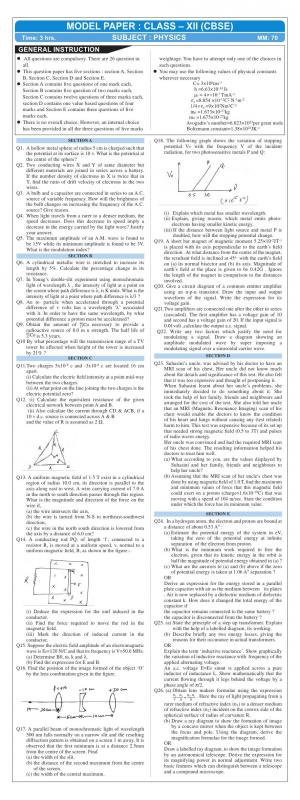 CBSE Class 12 Physics 2016 Sample Paper