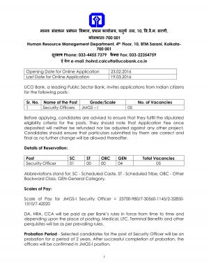 UCO Bank Recruitment 2016 for 05 Security Officer Posts