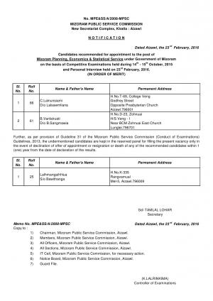 MPSC Declared Result for Mizoram Planning, Economics & Statistical Service Posts 2016