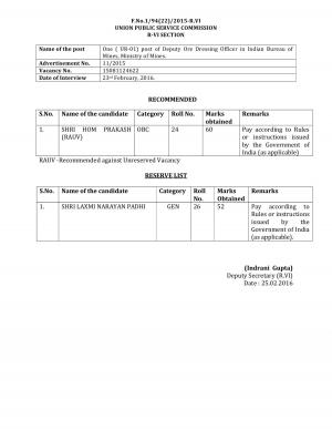 UPSC Declared Result for Deputy Ore Dressing Officer Post 2016