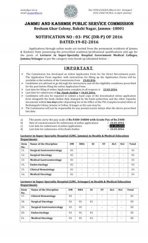 JKPSC, Srinagar Recruitment 2016 for 18 Lecturer (Super Specialty Hospital) Posts