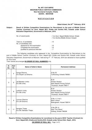 MPSC Declared Written Exam Result for Middle School Teacher Posts 2016