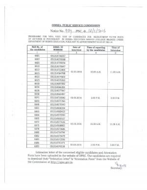 OPSC Declared Viva Voce Test Schedule for Lecturer (Psychology) Post 2016