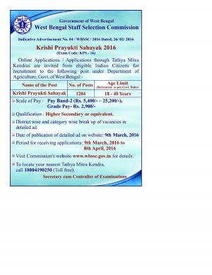 WBSSC Recruitment 2016 for 1204 Krishi Prayukti Sahayak Posts