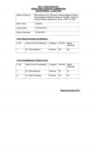 UPSC Declared Interview Result for Gynecologist Post 2016 