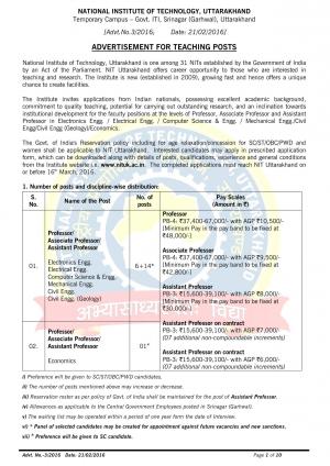 NIT Uttarakhand Recruitment 2016 for 21 Teaching Posts