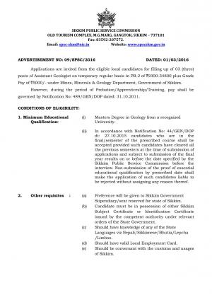 Sikkim PSC Recruitment 2016 for 03 Assistant Geologist Posts