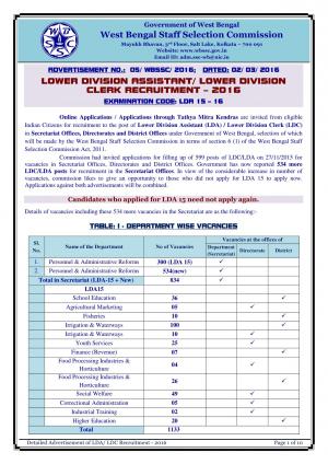 WBSSC Recruitment for 1133 LDC/LDA Posts; Last Date to Apply 22 March 2016