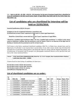 SSCNR Declared Interview List for Assistant (Legal) Post 2016