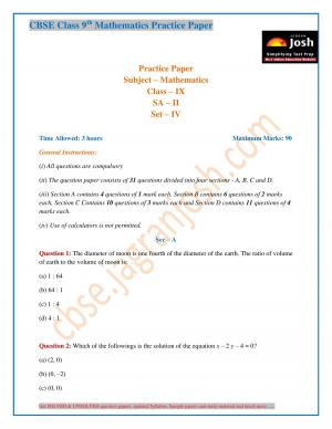 CBSE Class 9 Mathematics Practice Paper SA–II Set–IV
