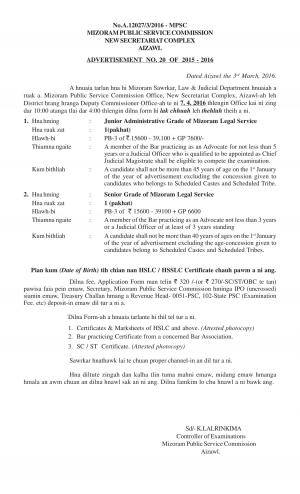 Mizoram PSC Recruitment 2016 for 02 Jr/Sr Administrative Grade of Mizoram Legal Service