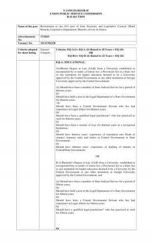 UPSC Declared Interview Schedule for Joint Secretary and Legislative Counsel Post 2016