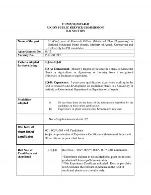 UPSC Declared Interview Schedule for Research Officer (Medicinal Plants/Agronomy) Post 2016