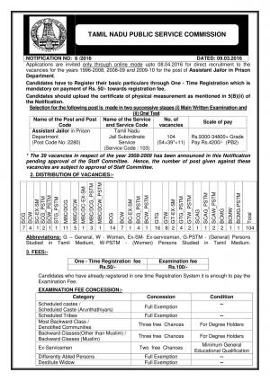 TNPSC Recruitment 2016 for 104 Assistant Jailor Posts; Last Date to Apply 08 April