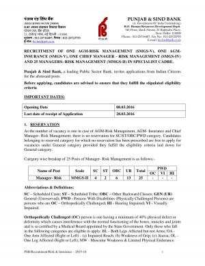 Punjab & Sind Bank Recruitment 2016 for 28 Managers-Risk Management & Other Posts