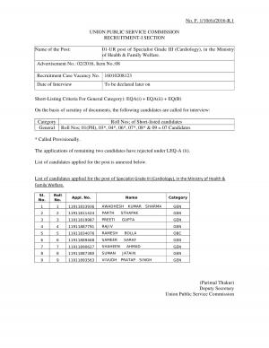 UPSC Declared Interview List for Specialist Grade III (Cardiology) Post 2016