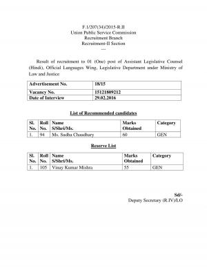 UPSC Declared Result for Assistant Legislative Counsel Post 2016