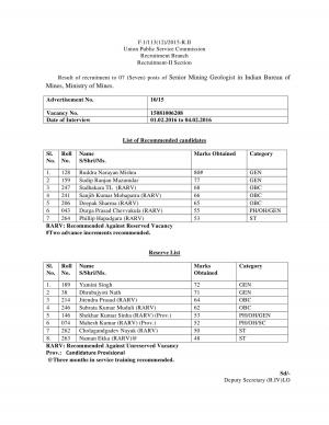 UPSC Declared Result for Senior Mining Geologist Post 2016