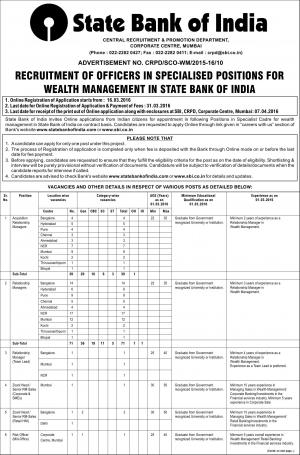SBI Recruitment 2016 for 152 Officer (Wealth Mgmt) Posts; Apply on or before 31 March