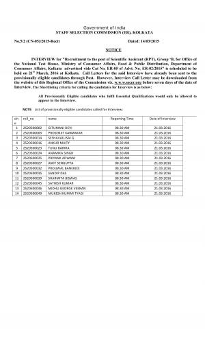 SSCER Issued Interview Schedule for Scientific Assistant (RPT) Post 2016 
