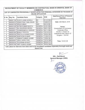 Oriental Bank of Commerce Declared Interview List for Faculty Member Posts 2016