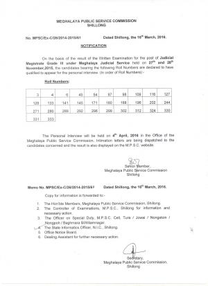 Meghalaya PSC Declared Result of Written Test for Judicial Magistrate Grade III Posts 2016